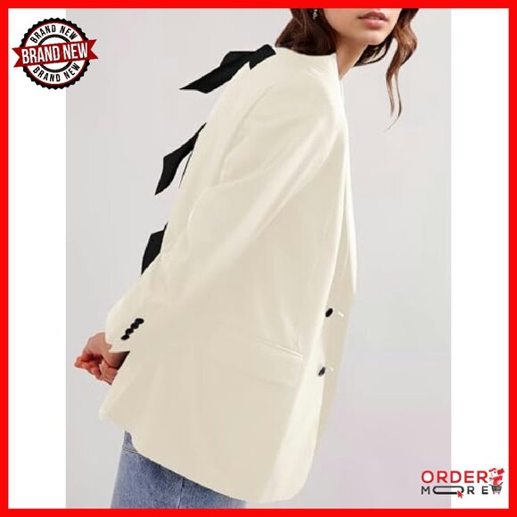 Large Oversized Blazer with Bow Tie Lapel Front Button Office Jacket - Picture 4 of 4